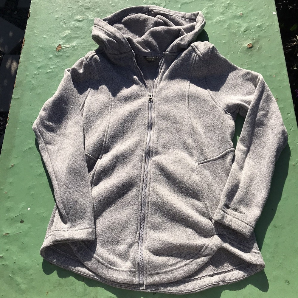 Eddie Bauer Jacket Womens Medium Gray Fleece Full Zip Hooded Lightweight Casual